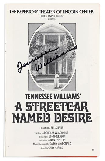 (ENTERTAINERS--PLAYBILLS.) WILLIAMS, TENNESSEE. Group of 4 playbills from various productions of A Streetcar Named Desire, each Signed